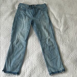 J Crew Women’s straight leg Light Blue Jeans, distressed with dark hem on bottom